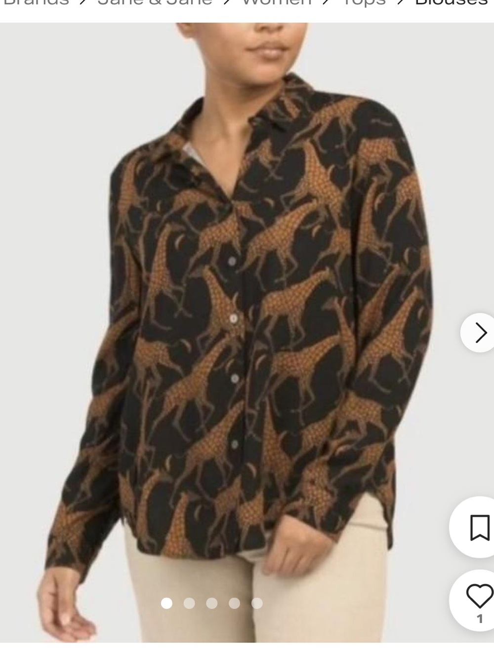 Jane & Delancey Black & Brown Giraffe Printed Button-Up Blouse, Size XL